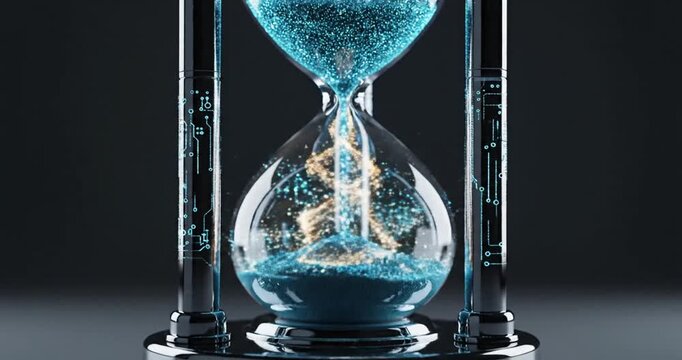 Futuristic hourglass with glowing blue sand and digital elements against a dark background