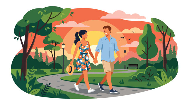 Flat style vector illustration of romantic couple walking hand in hand in park at sunset, love and relationship concept