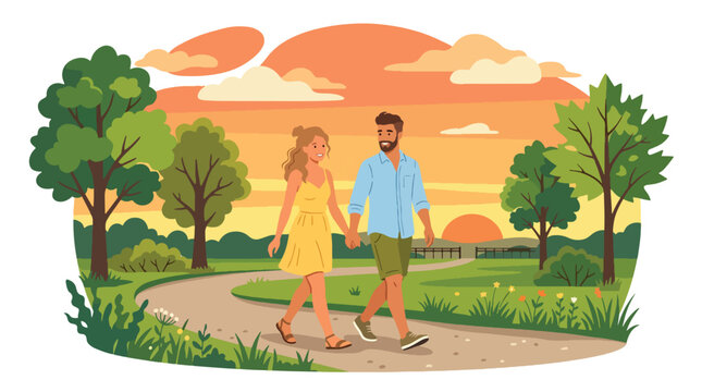 Flat style vector illustration of romantic couple walking hand in hand in park at sunset, love and relationship concept