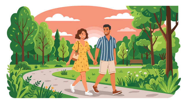 Flat style vector illustration of romantic couple walking hand in hand in park at sunset, love and relationship concept