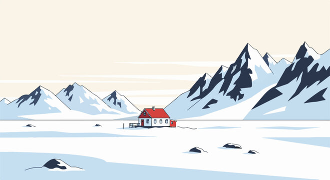 Red house nestled in snow amidst majestic, jagged blue and white mountain peaks