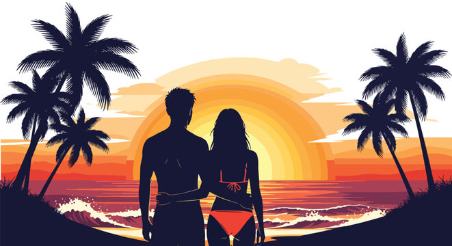 Flat style vector illustration of couple watching sunset by the sea, romantic beach relationship concept