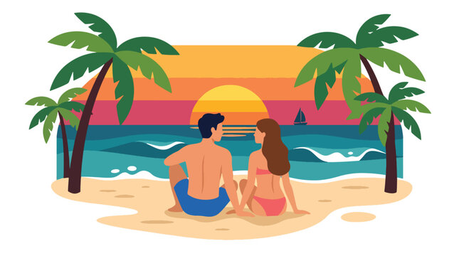 Flat style vector illustration of couple watching sunset by the sea, romantic beach relationship concept