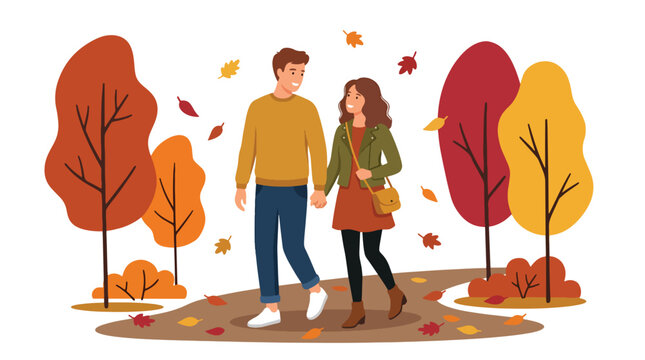 Flat style vector illustration of couple walking in autumn park with falling leaves, romantic seasonal concept