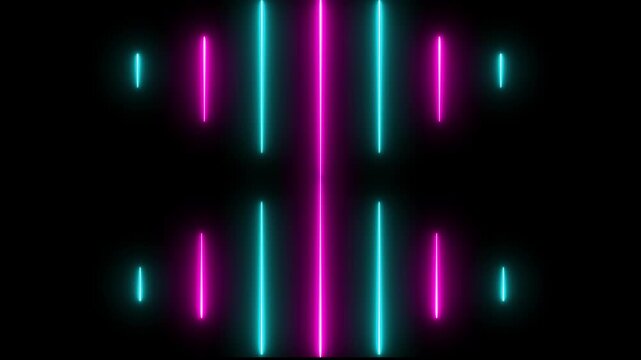 Bright blue violet neon laser rays tech futuristic motion design. Hi-tech lines retro background. Seamless looping. Abstract techno background with blue neon lights. Striped texture in cross shape