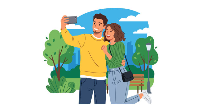 Flat style vector illustration of couple taking selfie outdoors, modern romantic lifestyle concept