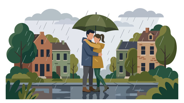Flat style vector illustration of couple hugging under umbrella in rain, romantic emotional concept
