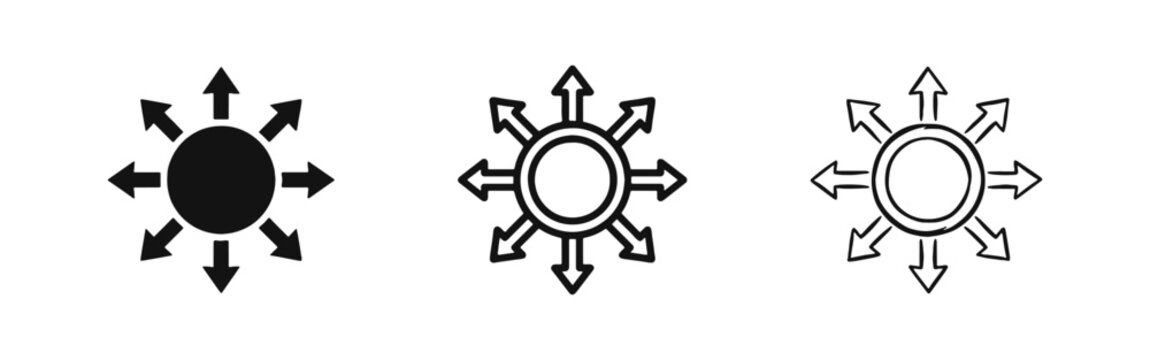 Expansion icon set with circle and arrows pointing outwards in solid, outline, and hand-drawn styles.