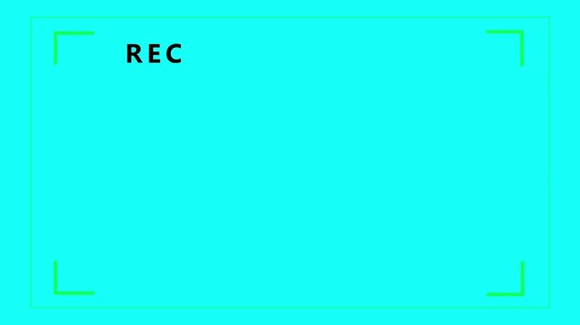 Vibrant cyan background with a simulated recording interface featuring bright green corner brackets and the red word REC indicating active recording Keywords: recording, camera