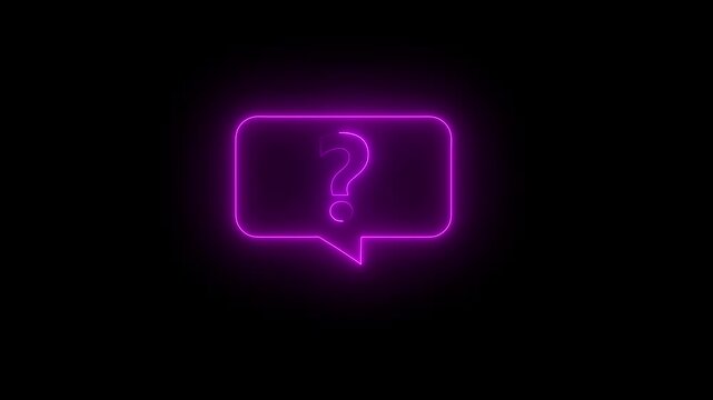 A vibrant magenta neon outline of a speech bubble with a question mark inside, presented on a black background, signifying a query, doubt, or a request for clarification in a digital