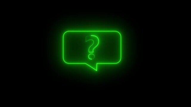 A bright green neon outline of a speech bubble containing a question mark symbol, displayed on a black background, symbolizing a query, doubt, or a request for information in a digital