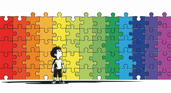 Young boy gazes up at a vibrant rainbow puzzle wall