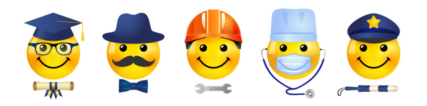 Emotional cartoon faces of different professions. Set of cute 3D emojis with professional elements. Vector illustration