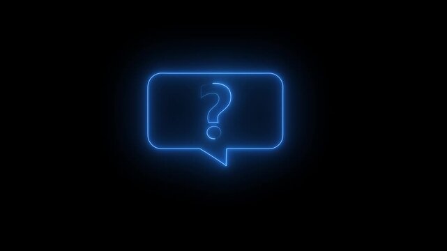 A glowing blue neon outline of a speech bubble containing a question mark symbol, set against a deep black background, representing inquiry, confusion, or a request for information in a
