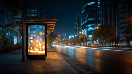Obraz premium Urban Bus Stop Serenity: An inviting bus stop offers respite amidst the vibrant, luminescent lights of a bustling city street at night, capturing the mood and atmosphere of urban life. 