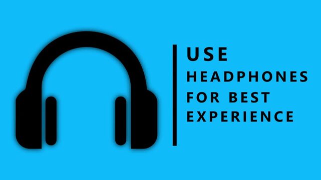 Black silhouette of over-ear headphones positioned to the left of a vertical black line and text reading USEHEADPHONESFORBESTEXPERIENCE on a bright cyan blue