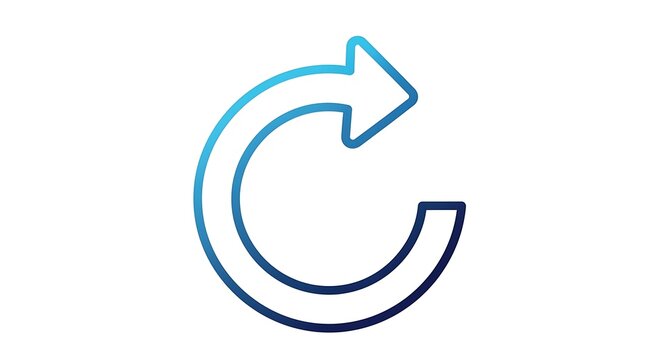 A simple, modern icon featuring a curved arrow looping around in a circular motion, set against a pristine white backdrop