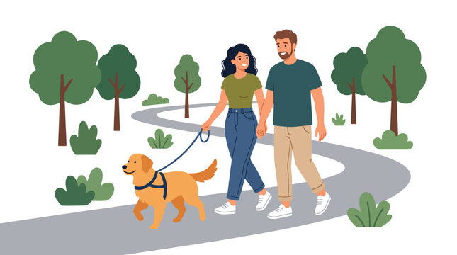 Flat style vector illustration of couple walking dog in park, romantic daily lifestyle concept
