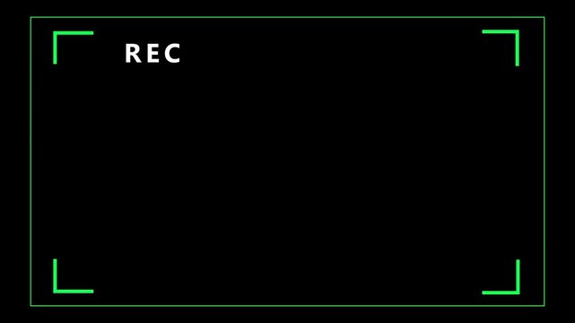 Digital recording interface simulation with bright green corner brackets and the red word REC indicating active recording on a solid black screen Keywords: recording, camera, production