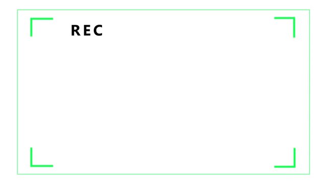 Simulated recording interface with bright green corner brackets and the red word REC indicating active recording on a clean white background Keywords: recording, camera, production