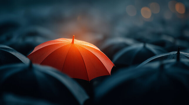 Standing Out in the Crowd: A single vibrant red umbrella shines brightly amidst a sea of dark, muted umbrellas, symbolizing individuality and uniqueness in a conformist world.