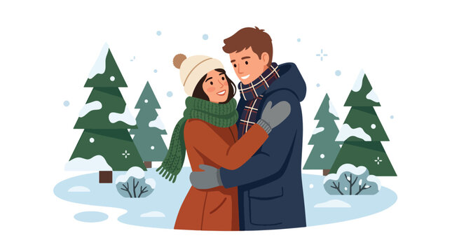Flat style vector illustration of couple hugging in snowy winter landscape, romantic seasonal concept