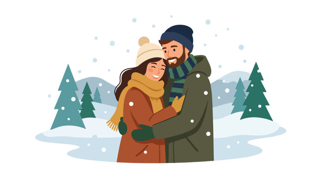 Flat style vector illustration of couple hugging in snowy winter landscape, romantic seasonal concept