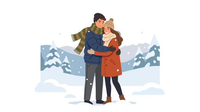 Flat style vector illustration of couple hugging in snowy winter landscape, romantic seasonal concept
