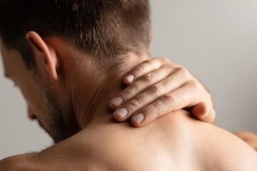 Fototapeta premium Person back view touching neck with hand feeling pain