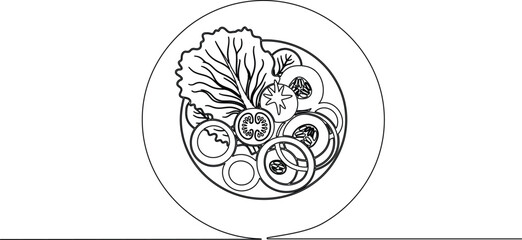 Obraz premium Fresh salad bowl continuous line drawing minimalist food dish plate outline vector illustration simple line art design