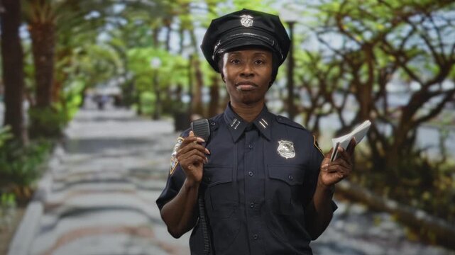 Young african american woman police officer holding pen and notepad and radio mic, takes notes with a writing gesture on a tree lined street; duty.