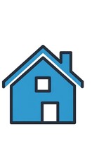 Fototapeta premium A simplified, two-dimensional illustration of a house with a blue outline and fill, featuring a door, windows, and chimney
