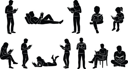 Collection of various people silhouettes reading books in diverse poses including standing, sitting, lying down and reclining for education, library and literacy concepts © Adib