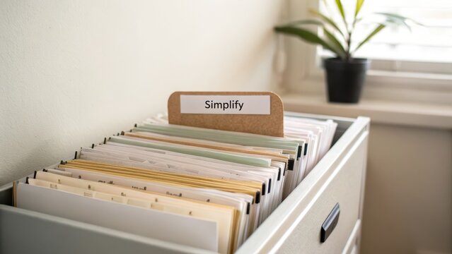 Organized Filing Cabinet with Simplify Label and Plant in Background