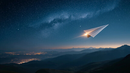 Fototapeta premium Paper Plane Soaring: A solitary paper plane cuts through the night sky, a beacon of hope and dreams, ascending over a tranquil mountain range under the starlit expanse of the Milky Way.