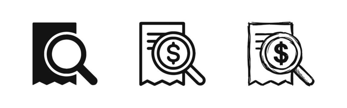 Financial Audit and Bill Review Icon Set - Magnifying Glass over Dollar Receipt for Tax and Budget Analysis