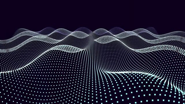 High quality 4K seamless animated loop. Features a colorful gradient abstract digital landscape made of glowing particles forming flowing waves. Perfect for technology backgrounds, data visualization 