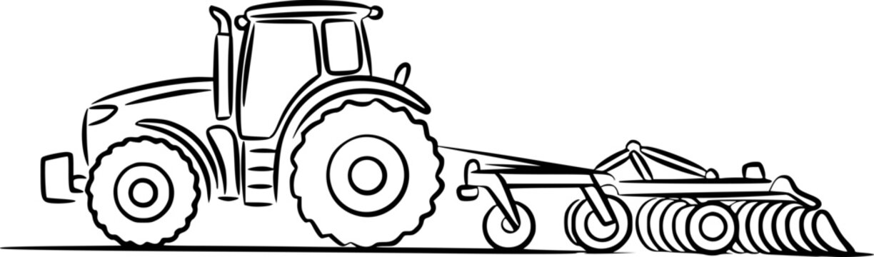 Black and white line tractor pulling a disc harrow white background, farming agriculture