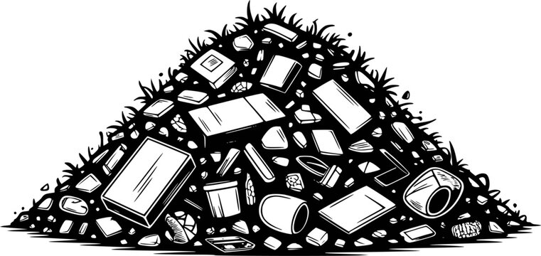 Black and white of a large pile of discarded and debris trash garbage waste