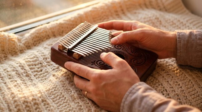Hands playing traditional mahogany kalimba instrument on knitted blanket in warm sunlight