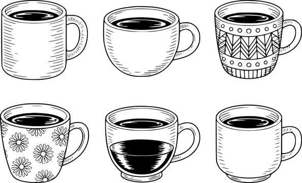 Hand-drawn coffee mugs with various patterns white background, drink beverage