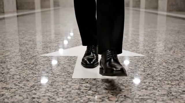 businessman legs in black suit and shoes standing on polished floor with white arrow pointing forward. corporate leadership, career path, business direction concept. presentation background.