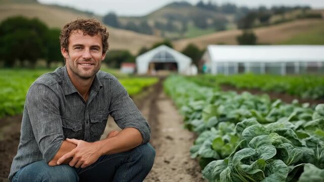 Smiling caucasian man in field with crops and greenhouse in background
