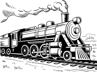 Vintage steam locomotive puffing smoke railroad tracks, black and white line train © Lisa_Stock