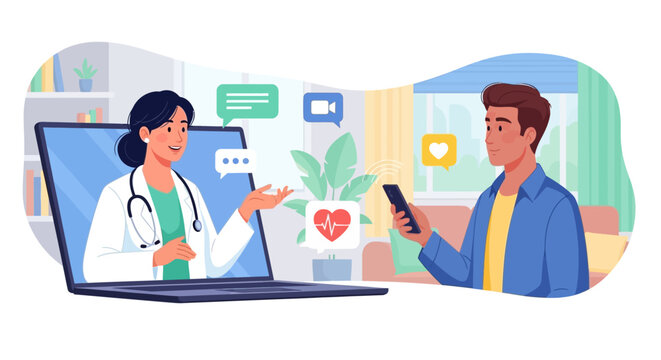 Doctor consults patient remotely through video call on laptop in clinic