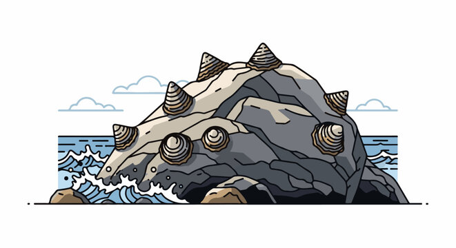 Rocky outcrop on ocean with barnacles and clouds