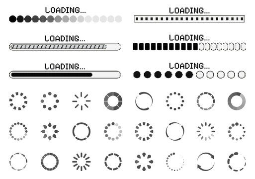 Loading progress indicator collection in black. Set of bars, spinners and circular preload animation elements