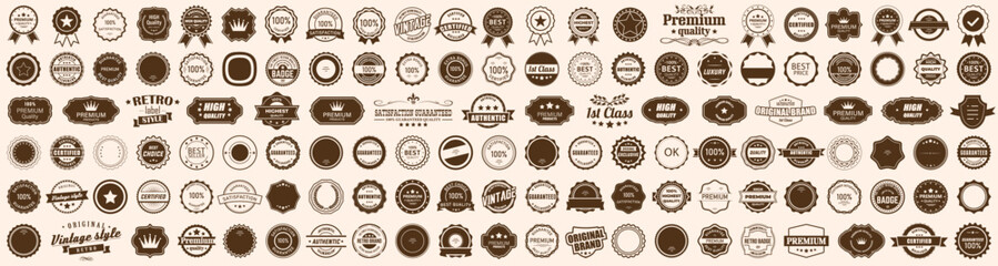 Vintage, badge and label icon collection in colored style. Set of retro badges, seals, stamps, emblems, quality labels, ribbons © top dog