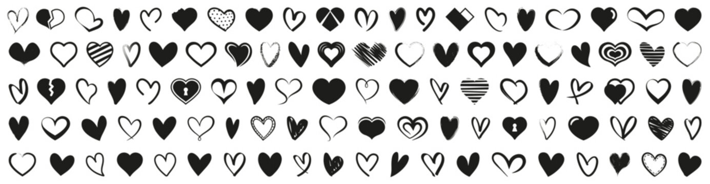 Heart, love and symbol icon collection in black. Set of heart shapes, love symbols, broken hearts, abstract forms, romantic icons