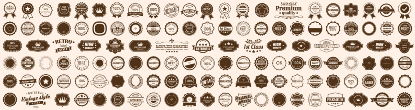 Vintage, badge and label icon collection in colored style. Set of retro badges, seals, stamps, emblems, quality labels, ribbons
